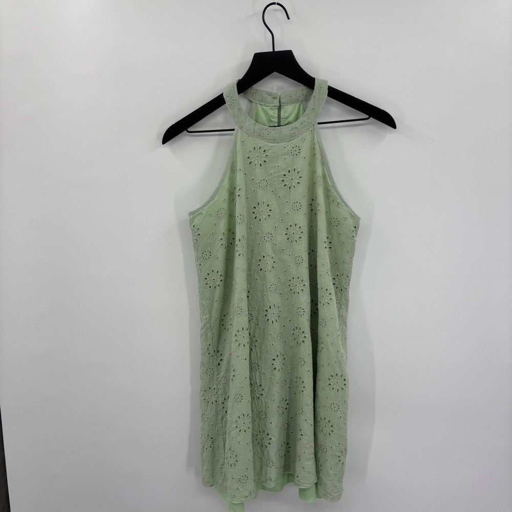 Floral Eyelet Halter Mini Dress Small Sage Green Boho High Neck Sleeveless Lined